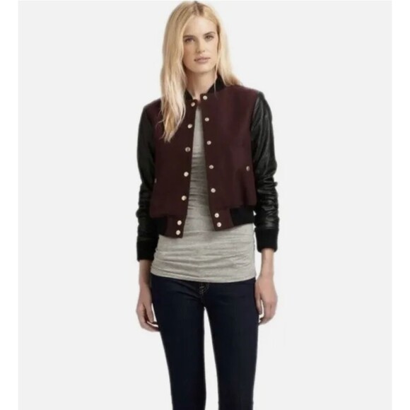 Theory Varsity Bomber Jacket Women’s Size SP Burgundy Wool Blend Petite - Picture 1 of 7